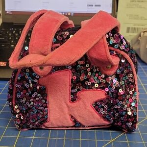 Justice Shimmering Mini Velvety 8" x 4" x 6" Bag  Pink Straps Sequins Initial K